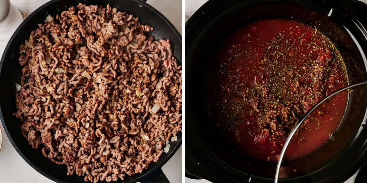 Cooking process for slow cooker lasagna soup, featuring browned ground meat with onions and a seasoned tomato sauce mixture in a slow cooker.