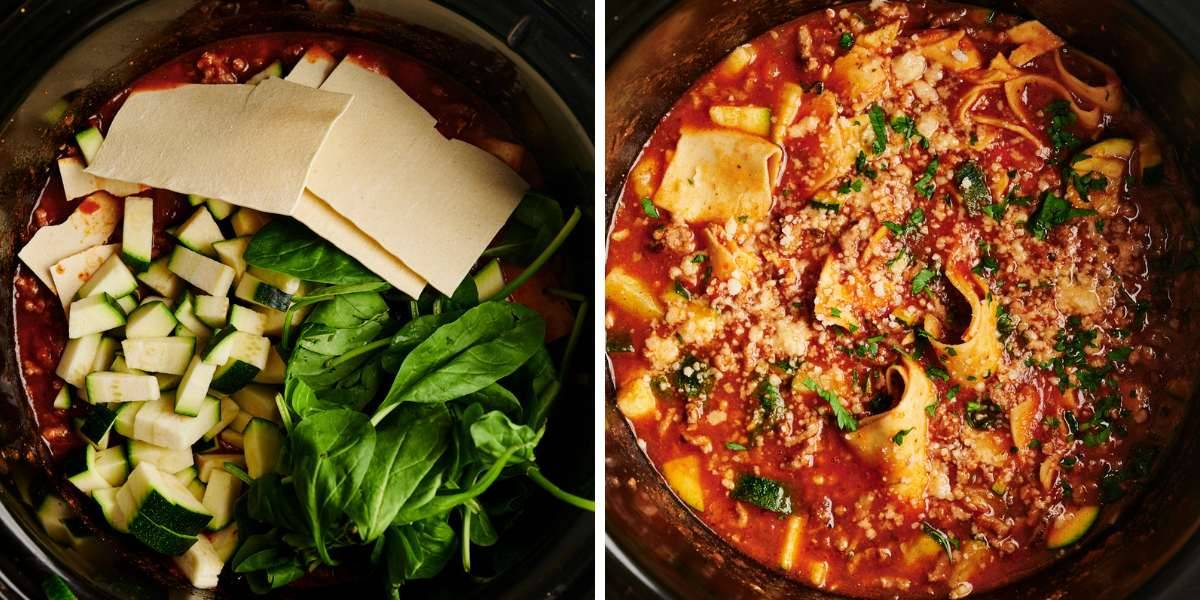 Side-by-side images showing the process of making slow cooker lasagna soup, from adding fresh zucchini, spinach, and lasagna noodles to the final cooked dish topped with parmesan and parsley.