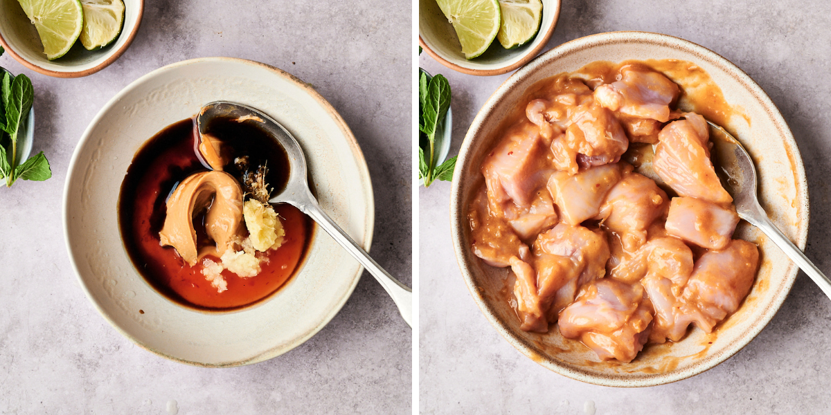 Peanut sauce in one bowl and chicken marinating in peanut sauce in a second bowl.
