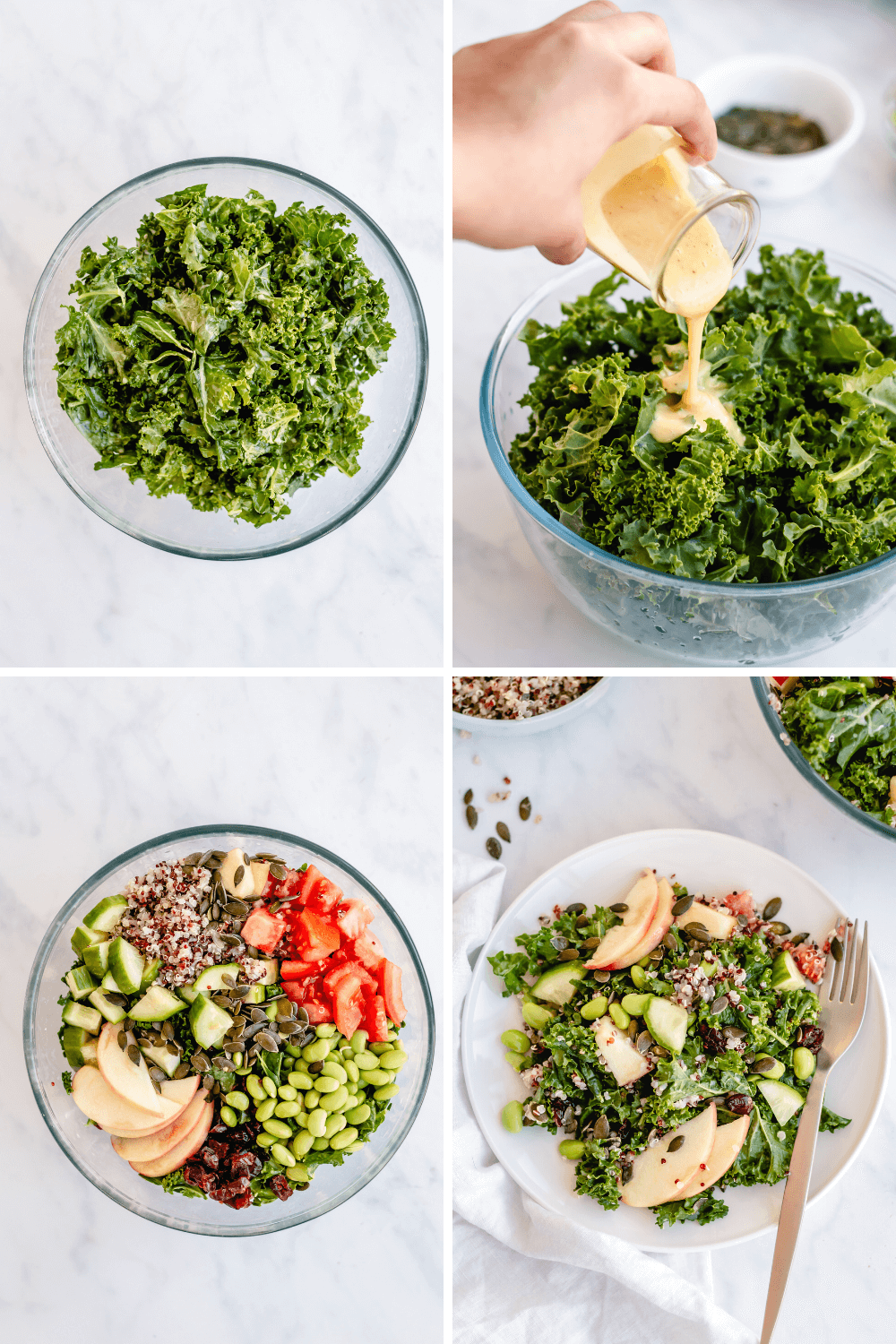 How to make kale and quinoa salad including massaged kale, dressing, and tossed kale salad with apples and edamame.