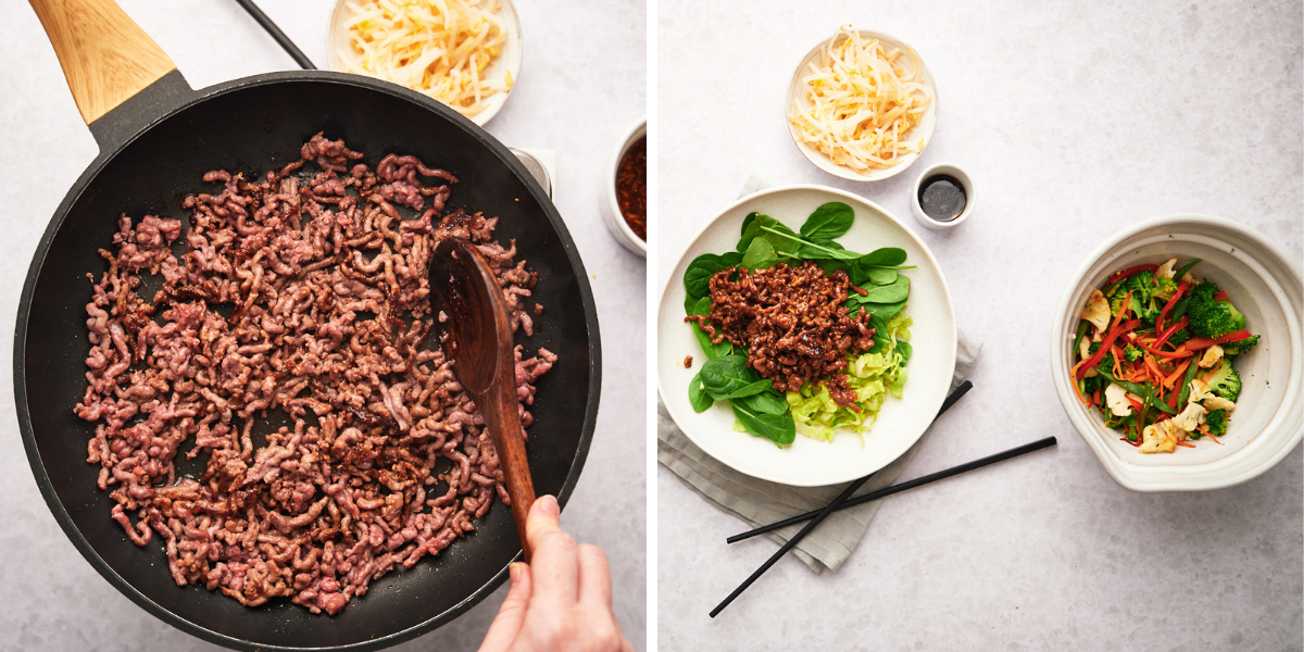 A skillet with cooking ground meat, alongside a plate of lettuce and spinach topped with the meat, and bowls of garnishes on the side.