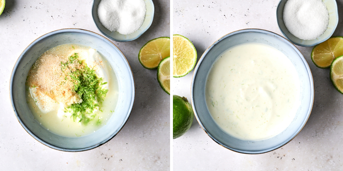 A before-and-after image of a creamy lime sauce preparation, featuring ingredients like yogurt, sugar, and lime zest.