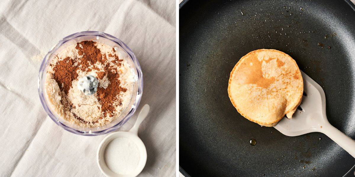 Blending the batter and flipping the pancake to golden perfection.