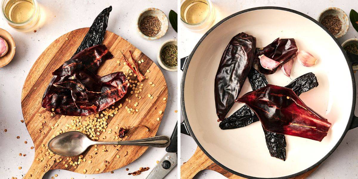 Toasting chiles and garlic for bold, smoky adobo sauce.