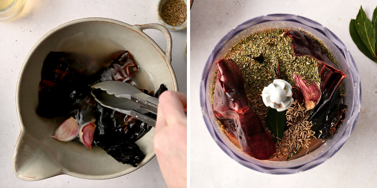 Soaking chiles and blending with spices for rich adobo sauce.