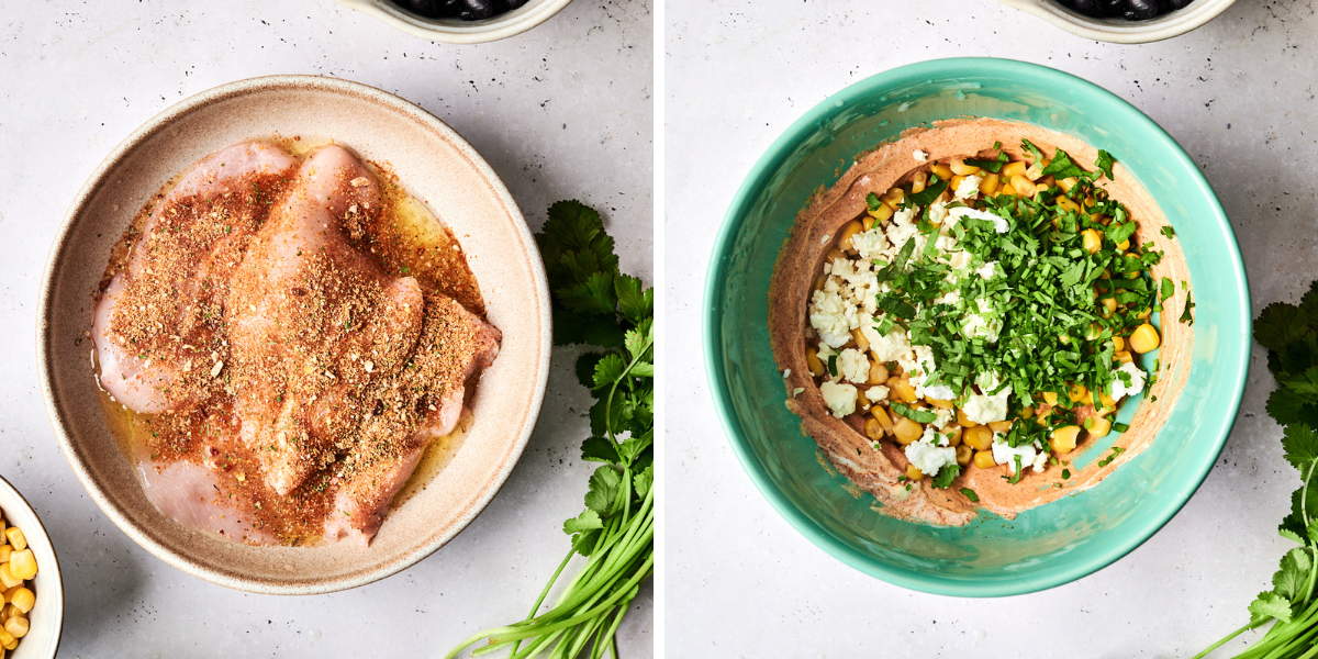 A bowl with seasoned chicken and oil beside a bowl of corn, cilantro, and feta cheese, preparing for a recipe.