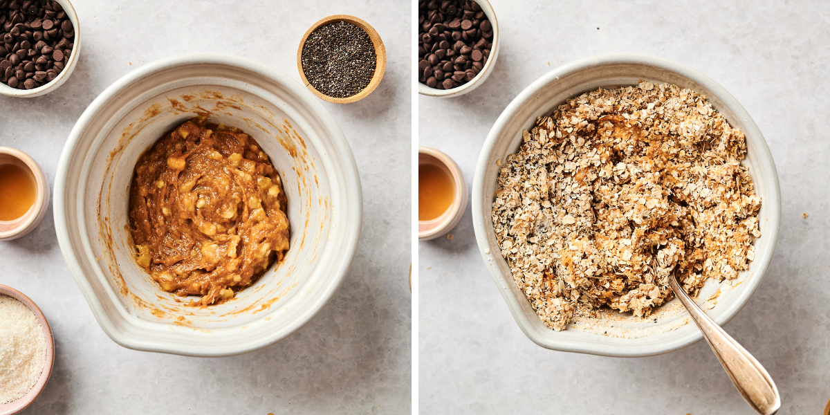 A bowl of banana mixture beside a bowl of oatmeal blend, surrounded by ingredients like chocolate chips, honey, and chia seeds.