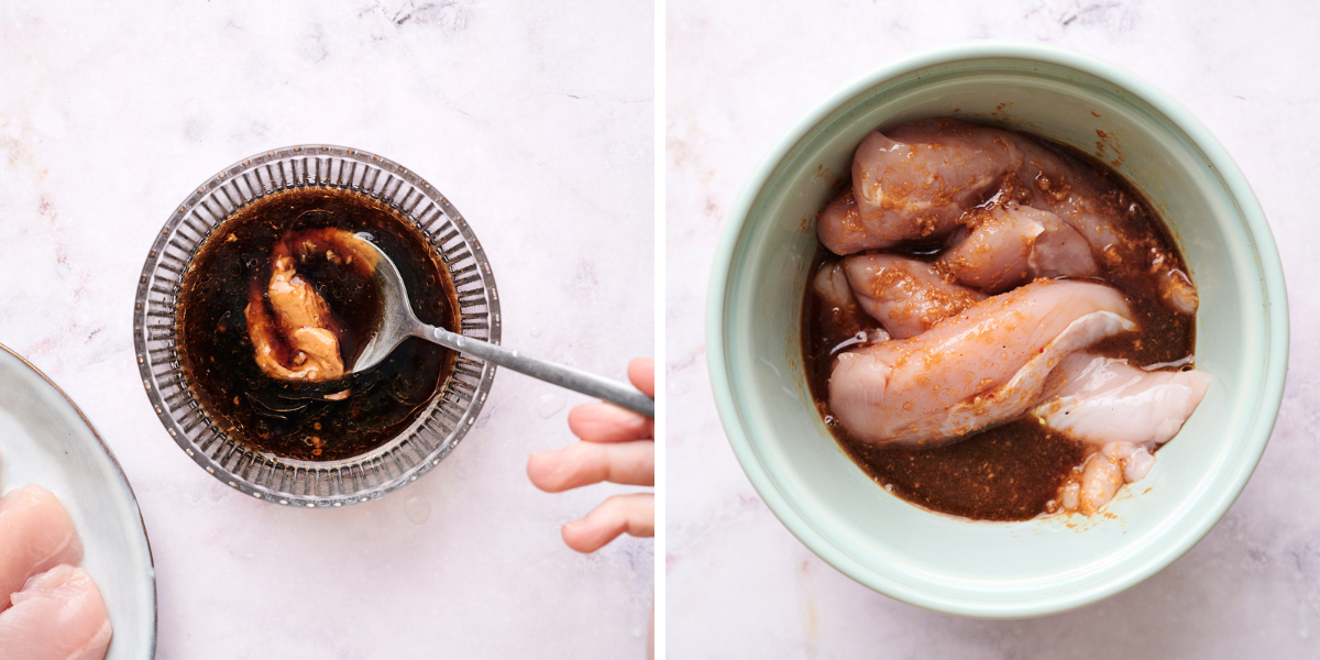 Processing chicken in marinade; left bowl with sauce, right bowl with marinated chicken pieces in a green dish.