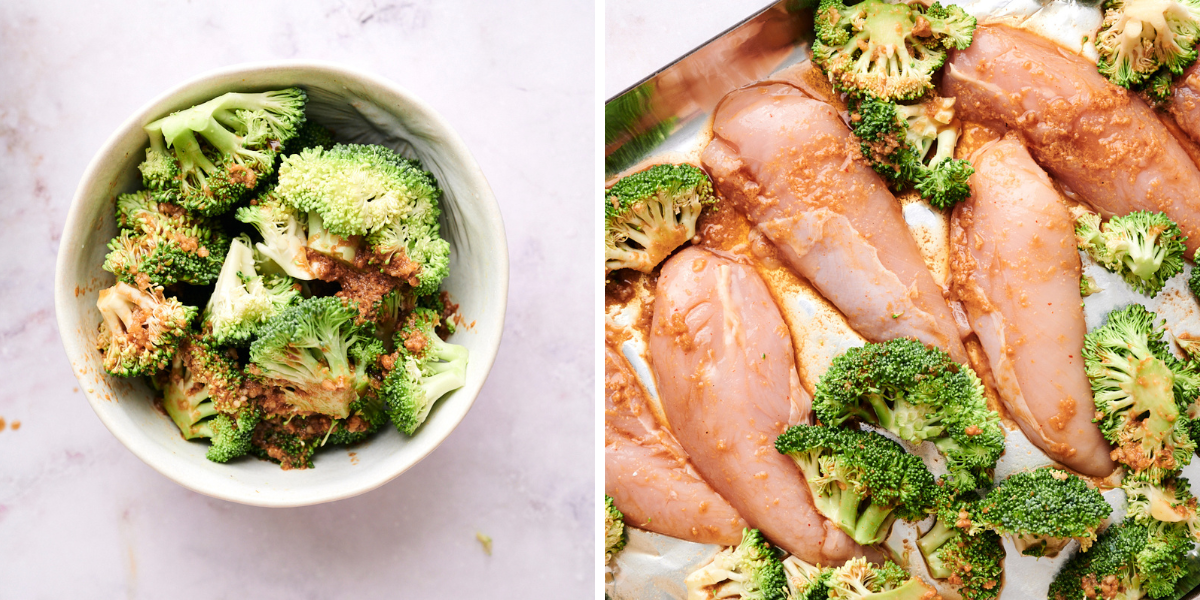 A bowl of seasoned broccoli next to a tray with marinated chicken breasts and broccoli, showcasing a healthy meal prep.