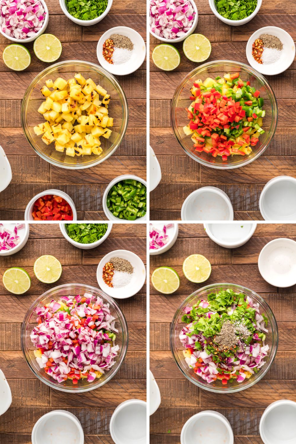 Steps for making pineapple salsa including grilled pineapple, lime juice, red peppers, serrano peppers, and cilantro.