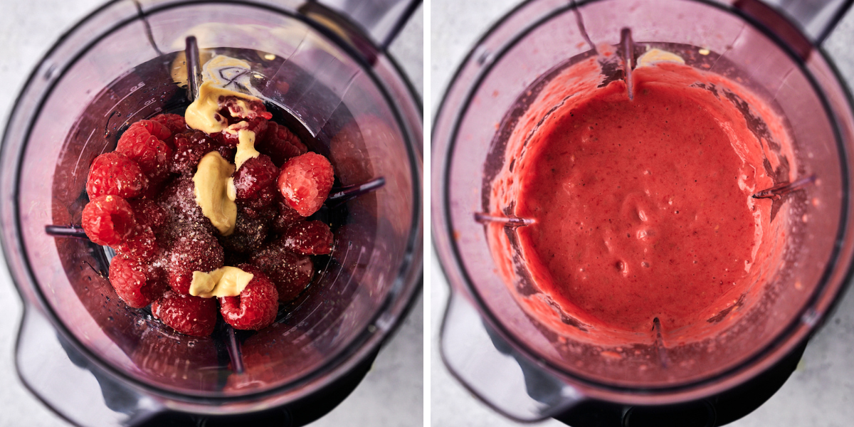 A blender filled with fresh raspberries and a dollop of mustard, transitioning from whole ingredients to a smooth, vibrant pink mixture.
