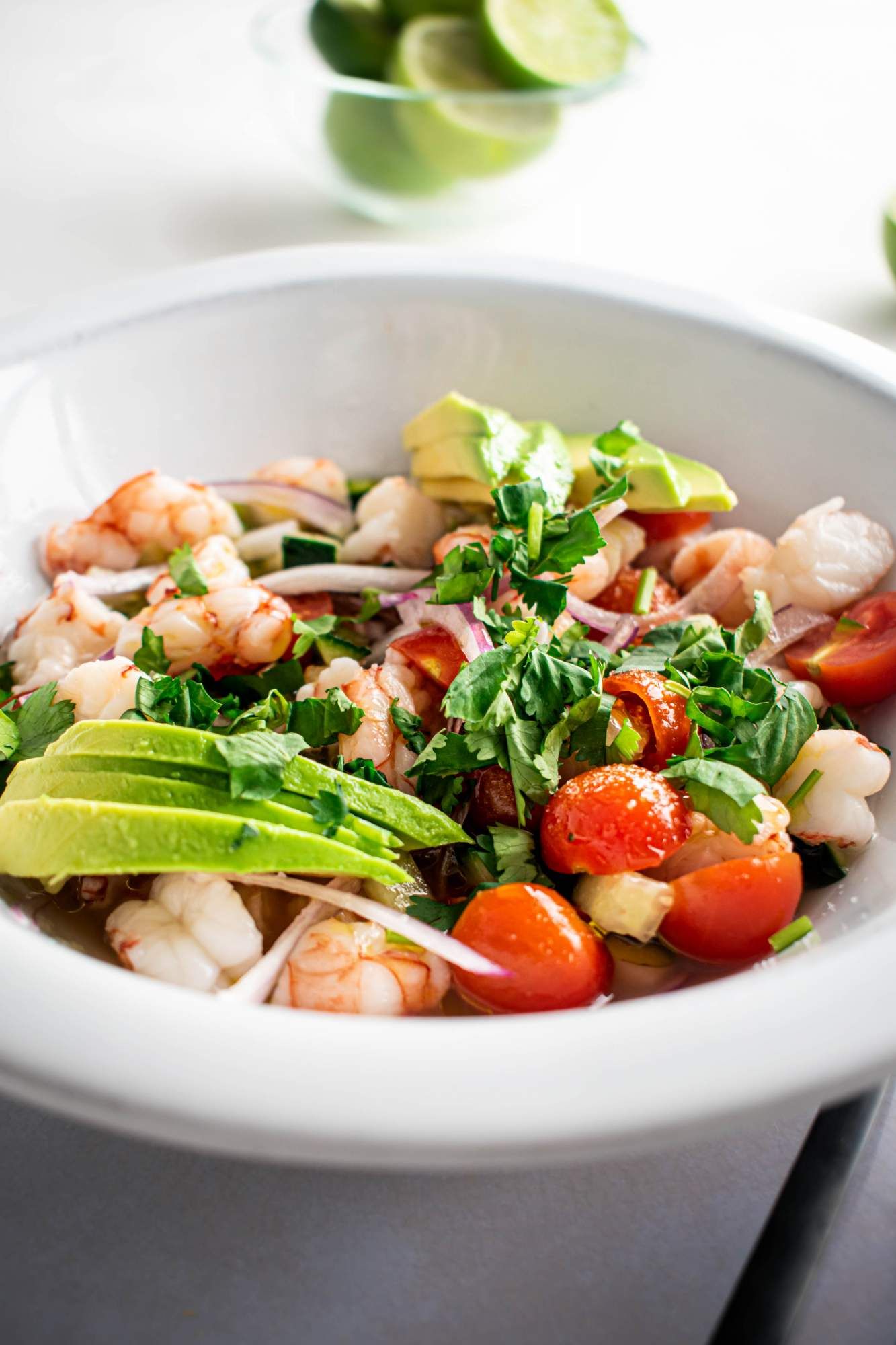 Ceviche with shirmp, avocado, tomatoes, red onion, cucumber, and cilantro in a white bowl.