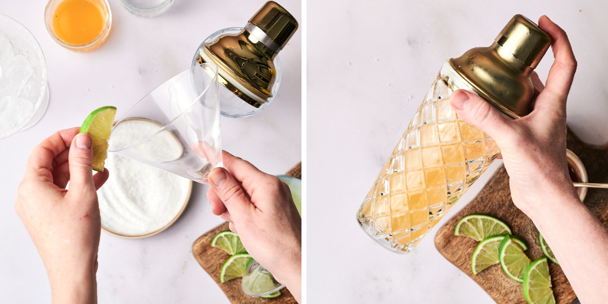 A pair of hands prepares a cocktail, garnishing a glass with lime and shaking a cocktail shaker filled with ice and liquid.