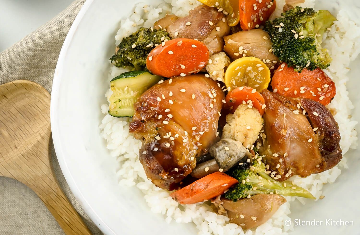 Crockpot Chicken Teriyaki and Vegetables with white rice and vegetables.
