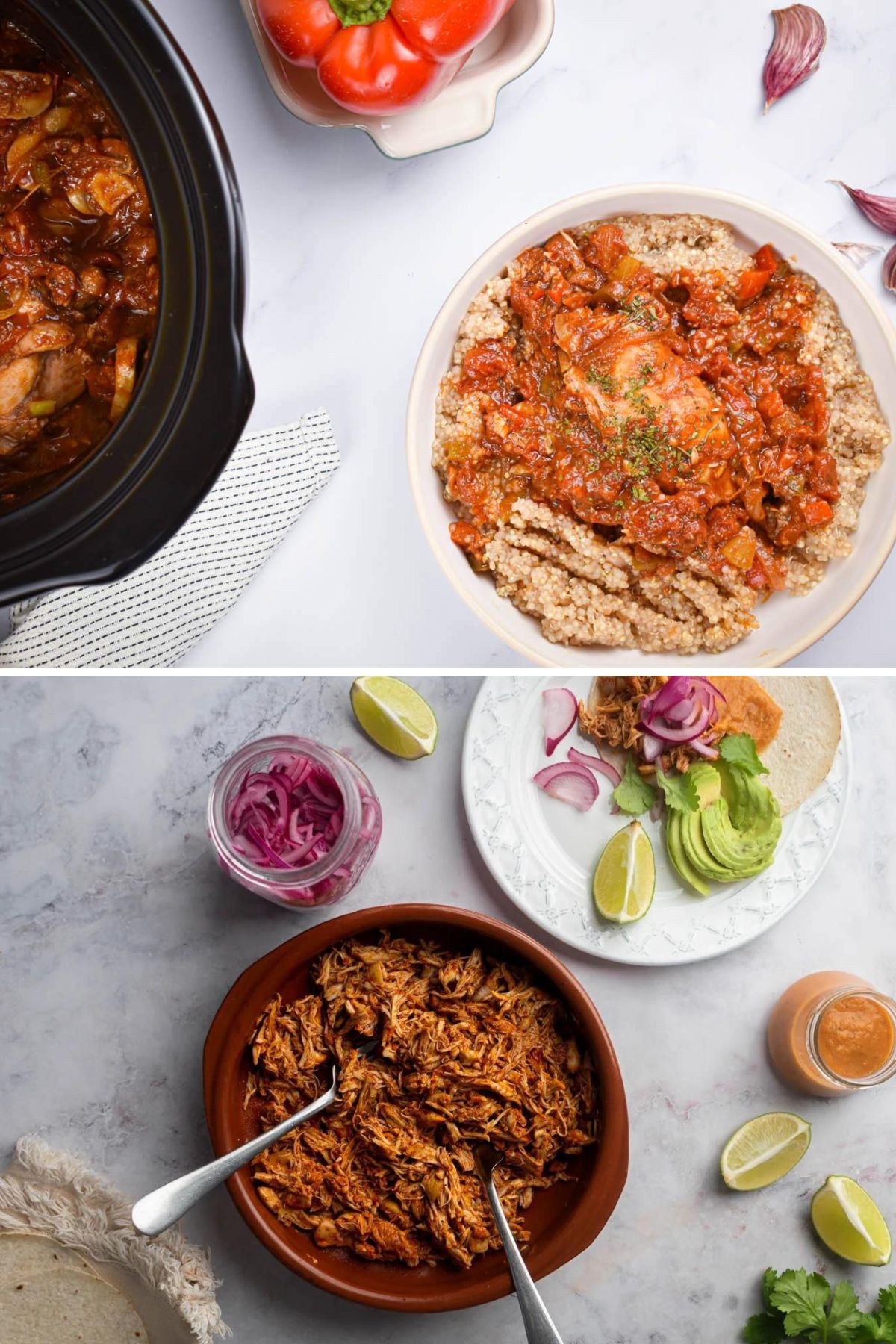 Collage with chicken cacciatore over quinoa and shredded chicken thighs served with corn tortillas.