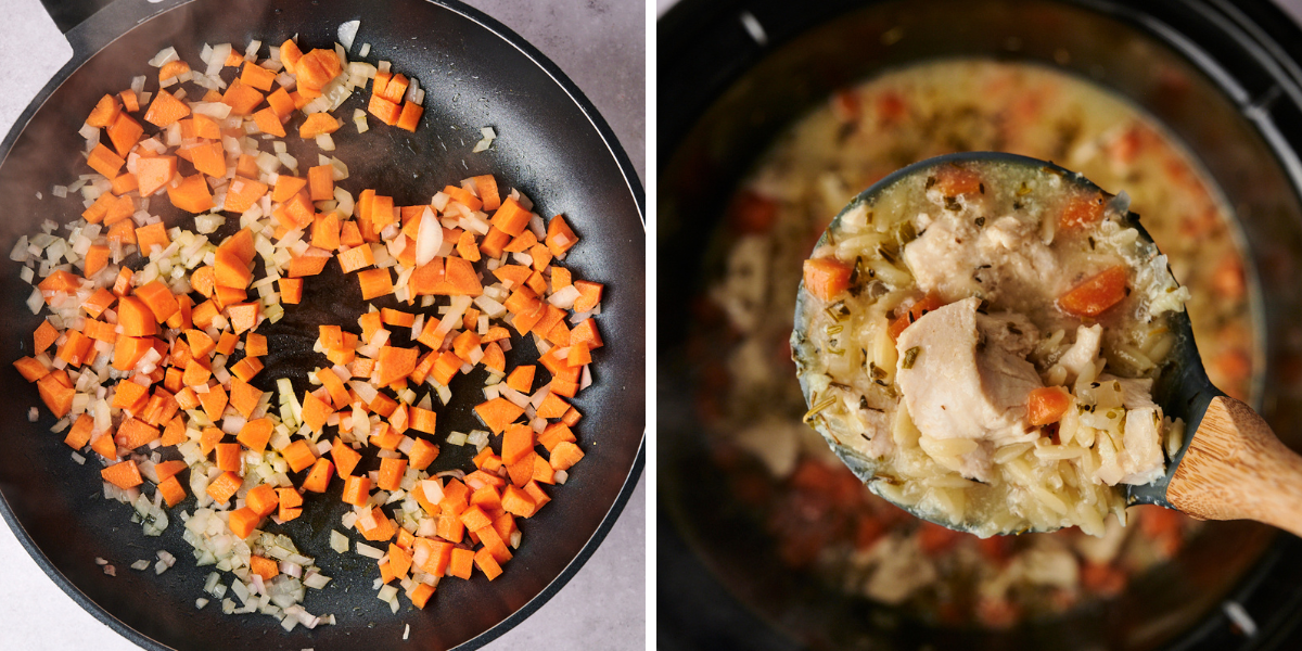 A skillet with diced carrots and onions cooking; a ladle holds a creamy chicken and rice soup with vegetables in the background.