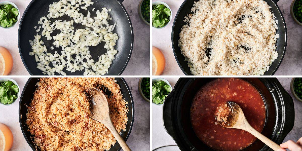 Step-by-step cooking process for slow cooker Mexican rice:  diced onions sautéing in a skillet,  uncooked white rice added,  rice coated in tomato paste and seasoning,  mixture transferred to a slow cooker with tomato sauce and broth, stirred with a wooden spoon.