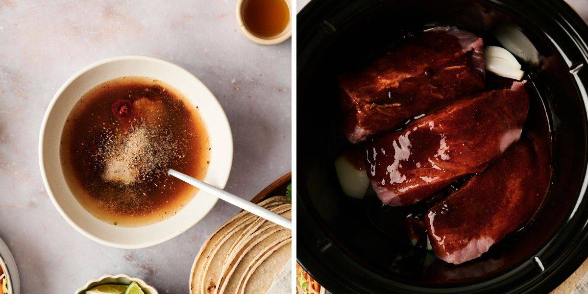 A bowl of rich broth with spices and a spoon, beside a slow cooker filled with marinated meat. Tortillas and lime slices are nearby.
