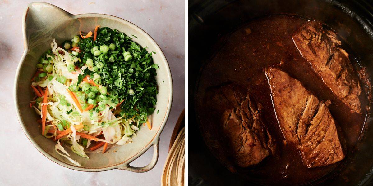 A bowl of fresh chopped vegetables, including cabbage, carrots, and cilantro, alongside tender beef in a savory broth.