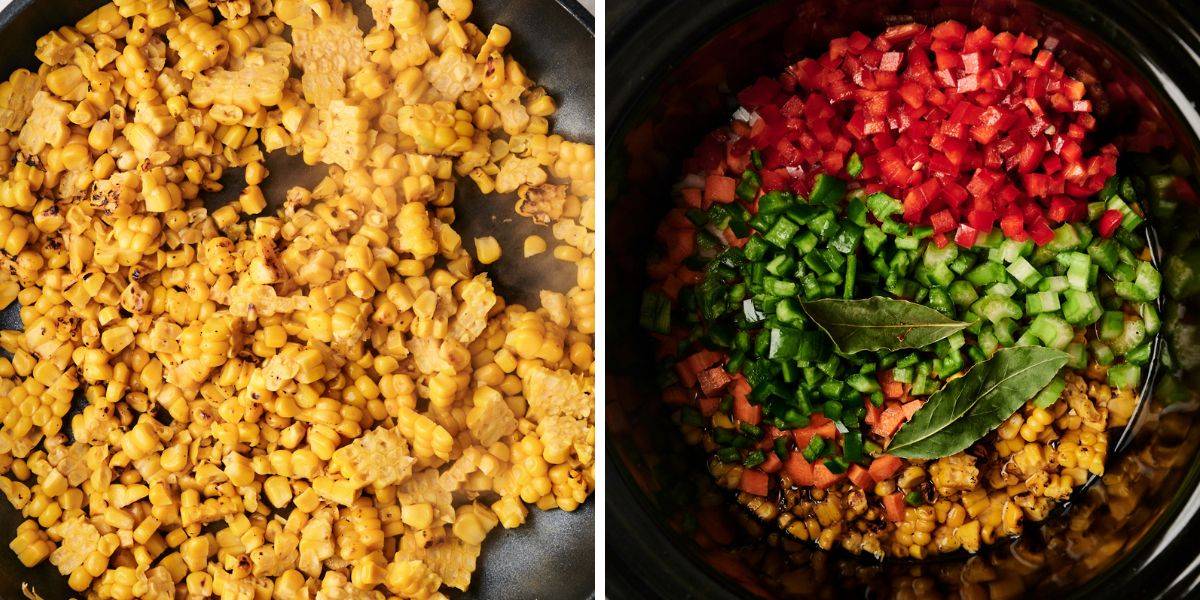 Roasted corn with charred edges is sizzling in a skillet, then combined with diced red bell peppers, green bell peppers, celery, carrots, and bay leaves in a slow cooker to prepare corn chowder.
