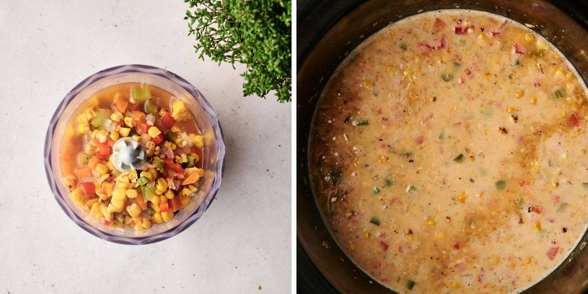 Cooked vegetables, including roasted corn, carrots, celery, and peppers, are placed in a food processor before being blended and added to a slow cooker with cream to make a rich corn chowder.