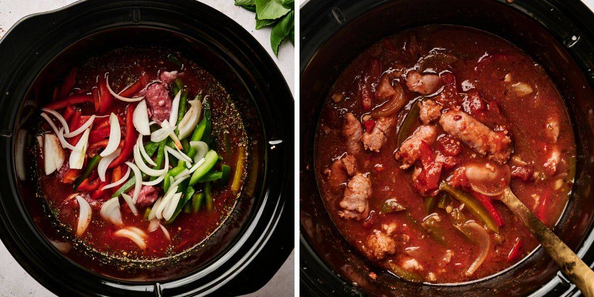 Side-by-side images of a slow cooker meal before and after cooking, showing raw and cooked sausage, peppers, and onions in tomato sauce.