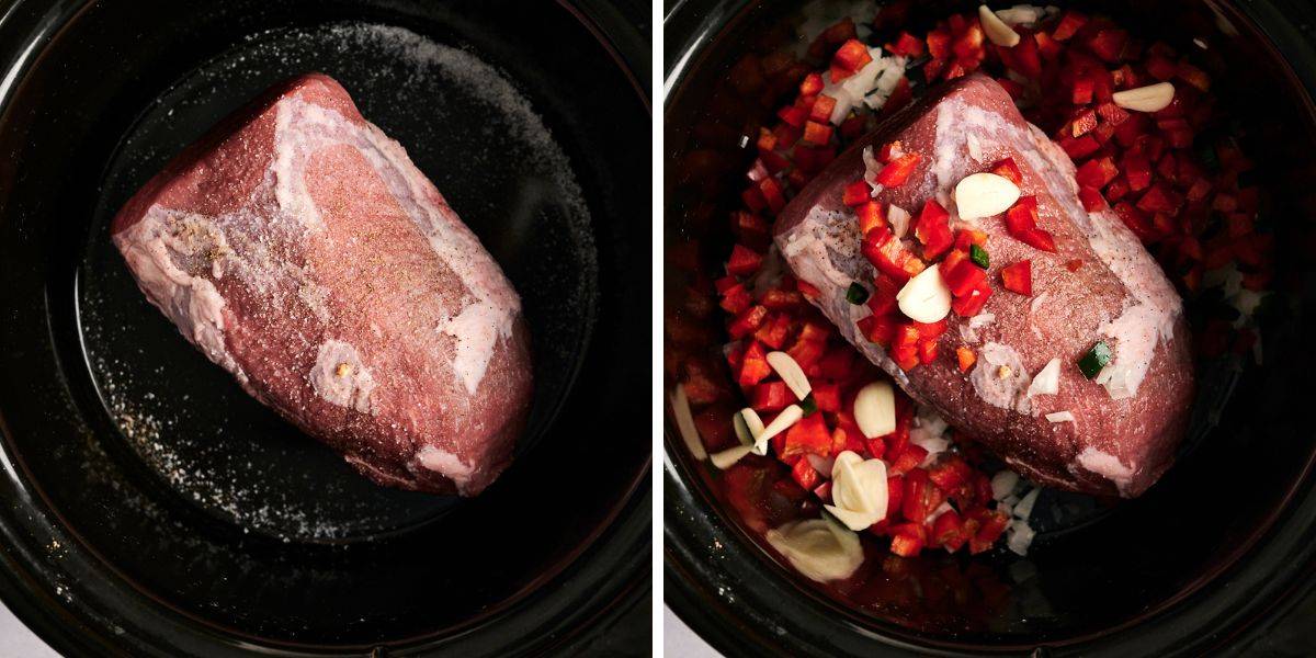 A side-by-side image showing a raw seasoned beef roast in a slow cooker on the left, and the same roast with added diced red peppers, garlic cloves, and onions on the right, ready for braising.