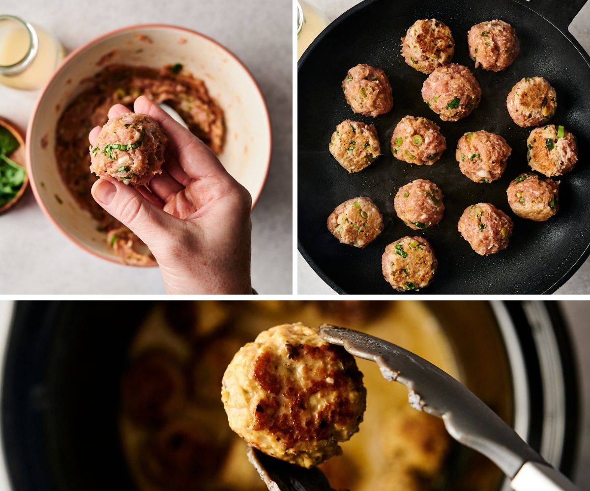 A three-step collage showing the process of making Thai curry chicken meatballs: rolling, searing, and cooking in a slow cooker.