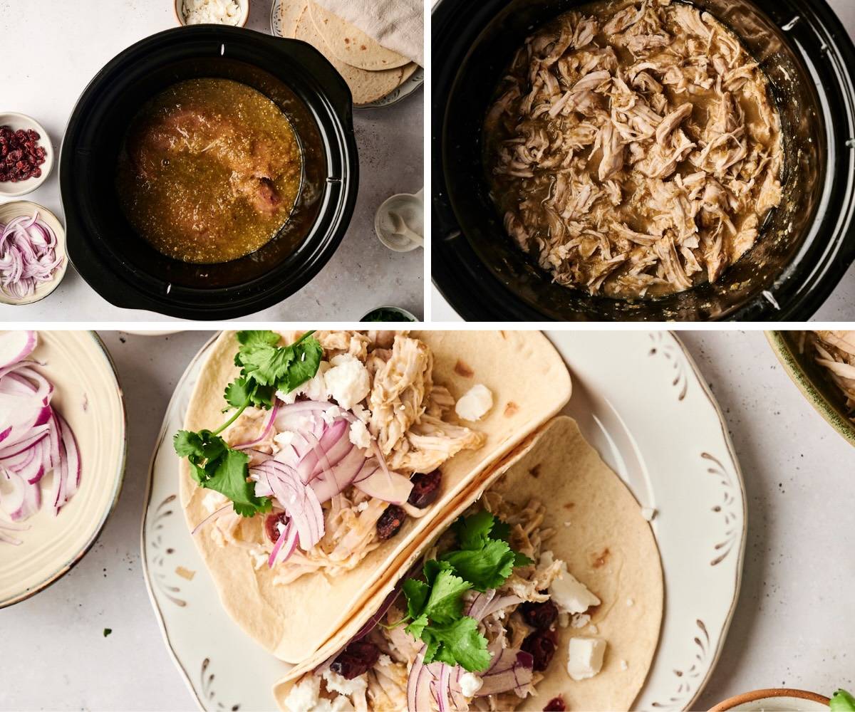 Collage of slow cooker turkey tacos showing raw turkey cooking in salsa, shredded turkey in the crockpot, and assembled tacos with red onion, cilantro, dried cranberries, and cheese on tortillas.