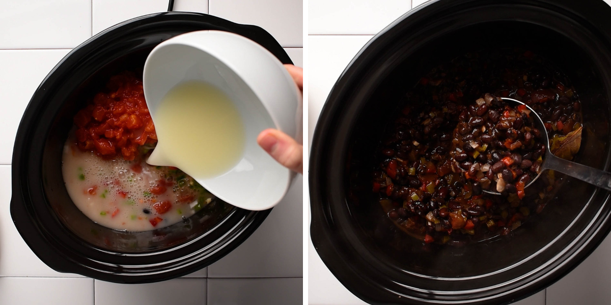 The process of making slow-cooked black bean soup in a crockpot. The first photo depicts ingredients being added, including tomatoes and broth, while the second shows the finished soup with black beans and vegetables, ready to serve.