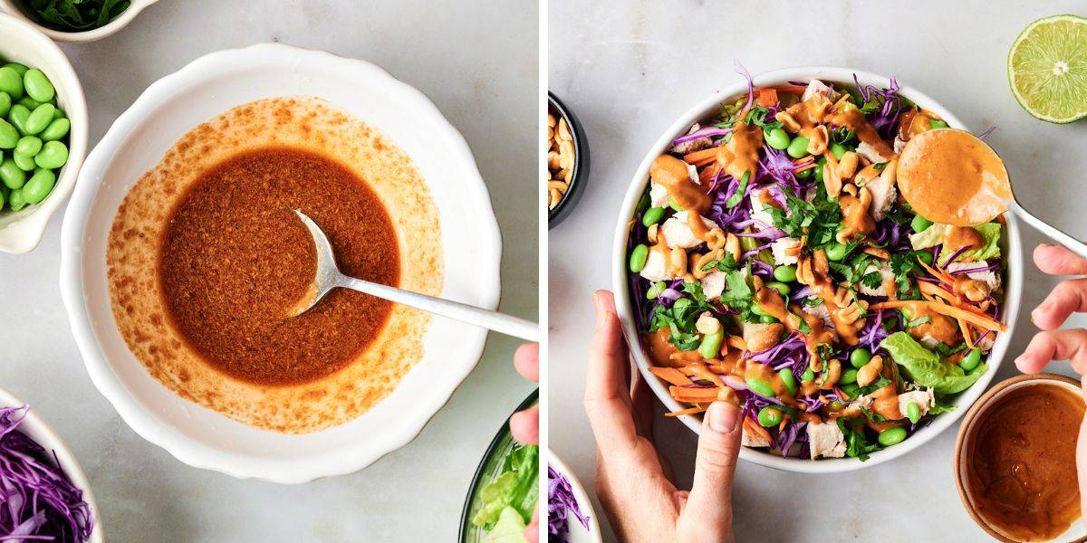 A bowl of creamy dressing beside a colorful salad with green edamame, purple cabbage, and chopped veggies, ready to be served.