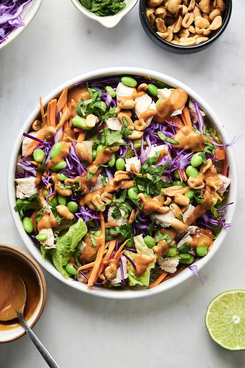 A vibrant salad with purple cabbage, chicken, carrots, edamame, cilantro, peanuts, and peanut dressing, garnished with lime.