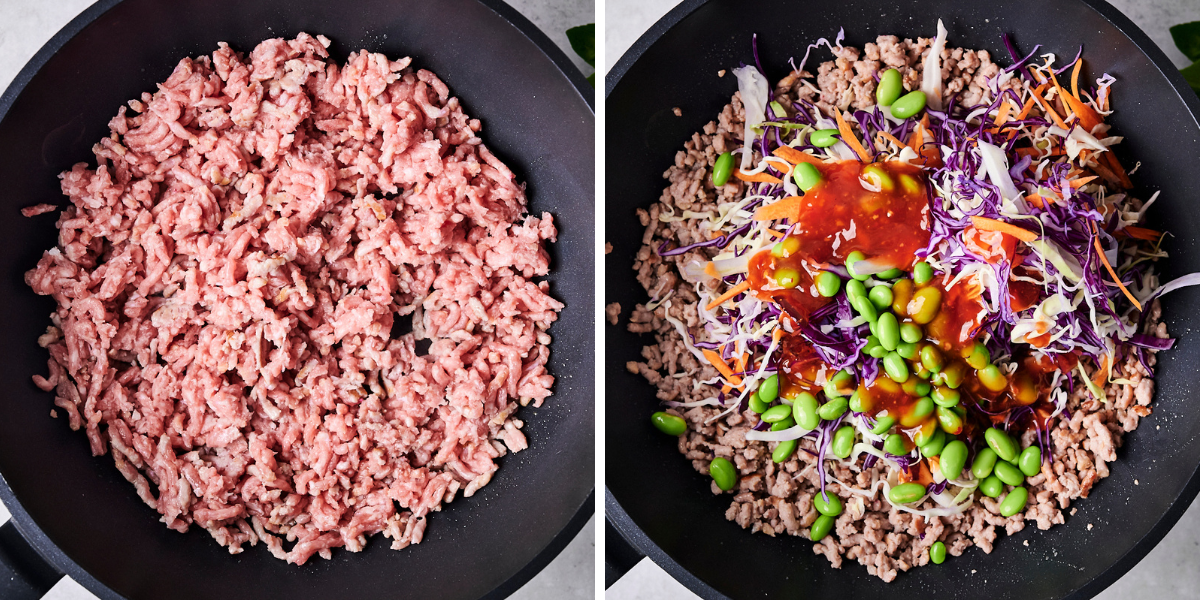 Two-pan image: left shows raw ground meat; right shows cooked meat topped with colorful vegetables, sauce, and edamame.