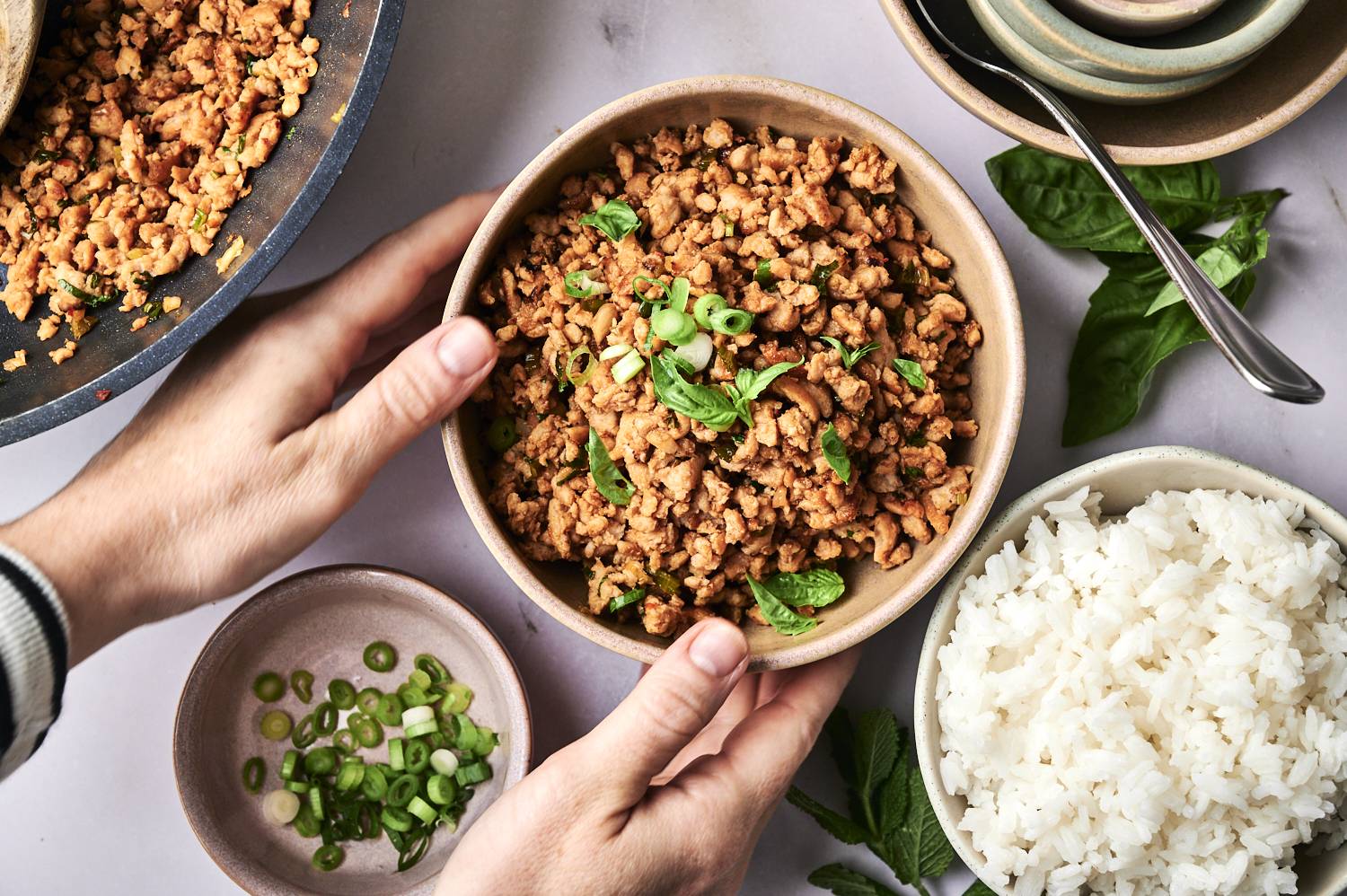 A person holds a bowl of seasoned minced meat topped with green onions and basil, accompanied by rice and chopped green onions.