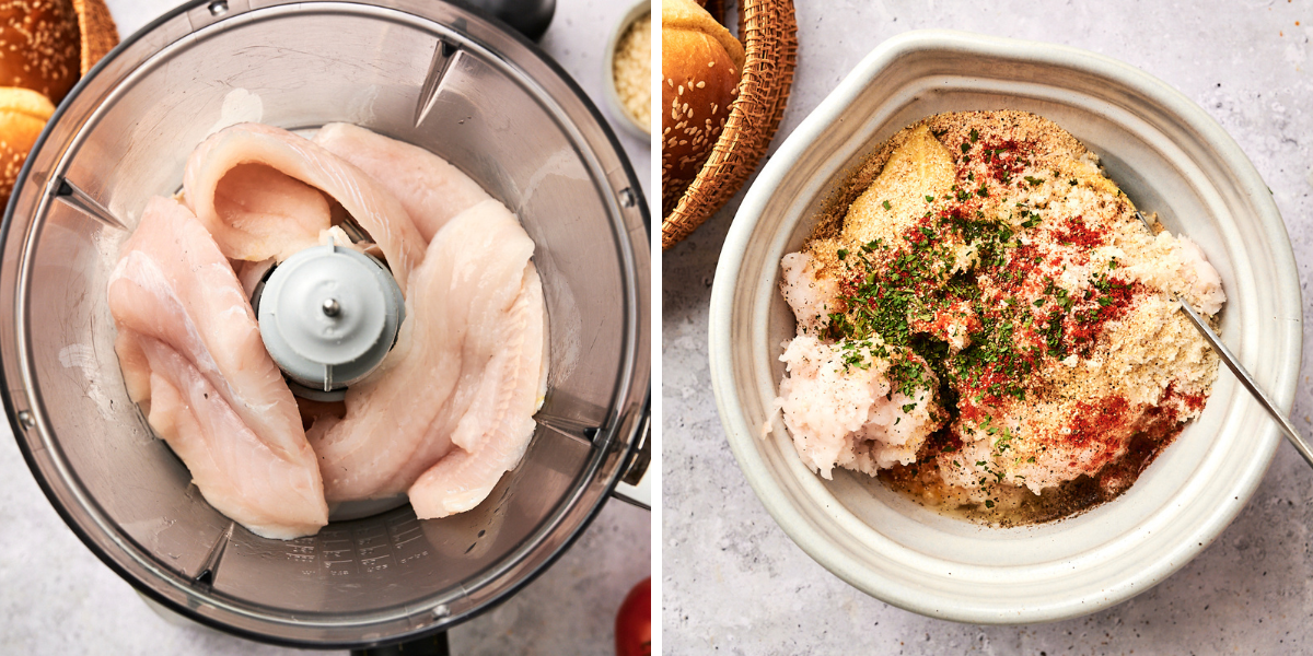 Raw tilapia fillets are placed in a food processor, then mixed with breadcrumbs, spices, mustard, and herbs in a bowl to prepare the fish burger mixture.