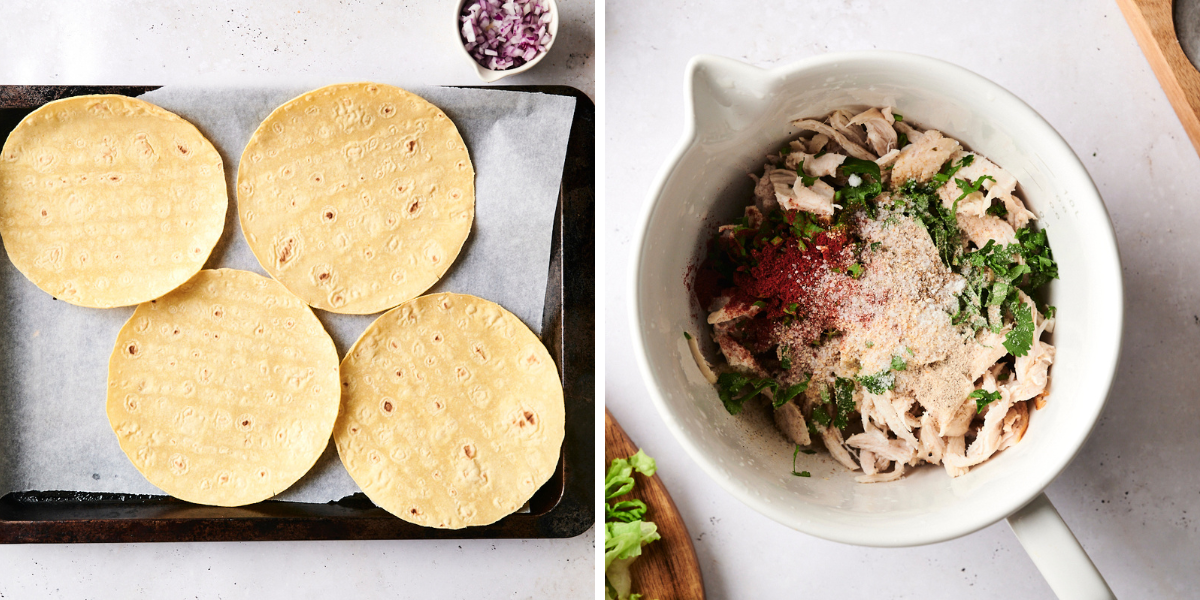 The image shows tortillas arranged on a baking tray (left) and a bowl with shredded chicken mixed with spices and fresh herbs (right).