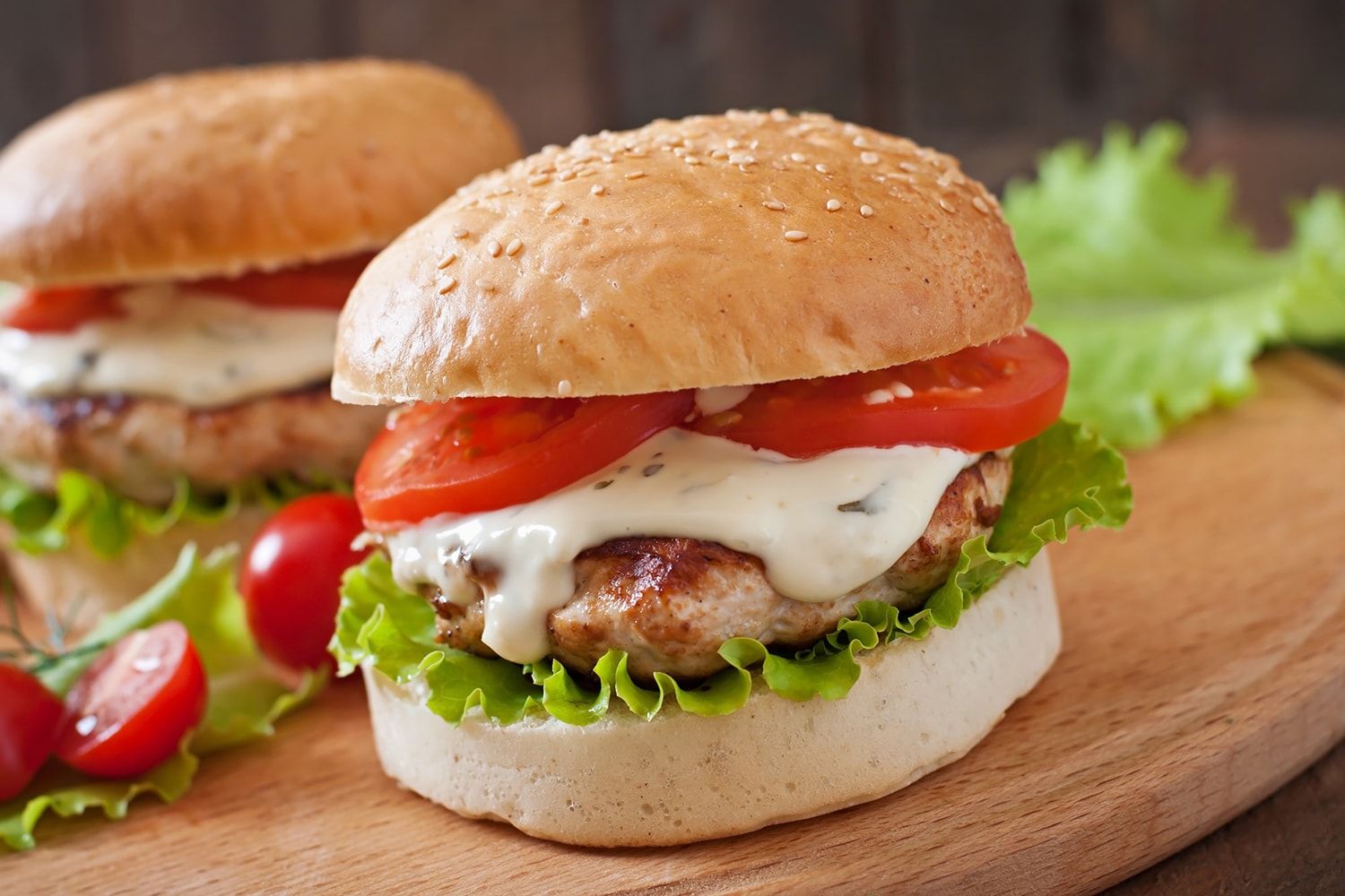 Turkey Ranch Burger on a whole wheat bun with lettuce.