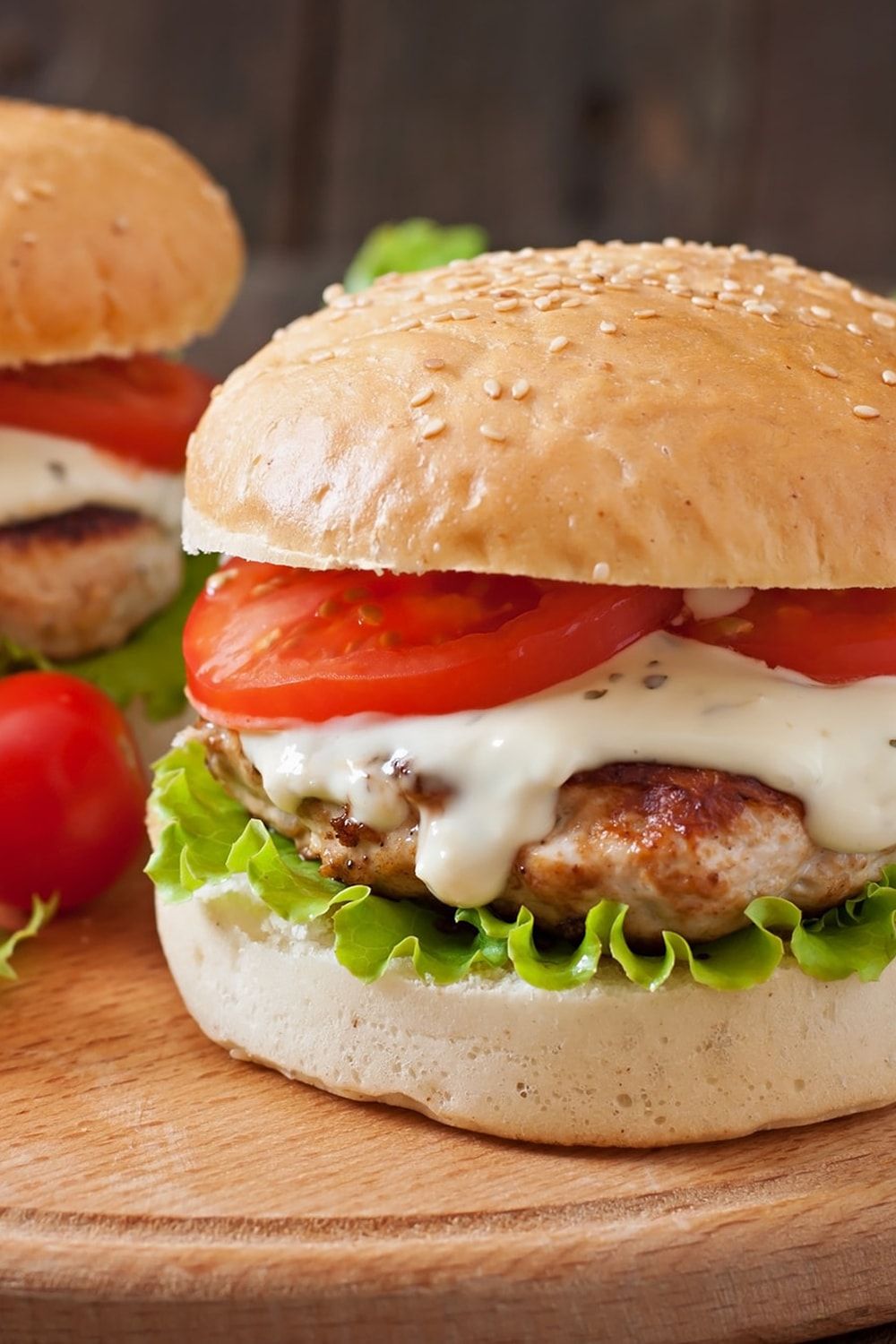Turkey Ranch Burger with lettuce and tomato on a bun,