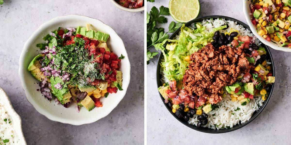 A fresh avocado and vegetable mixture is prepared in a bowl, while a completed vegan ground beef burrito bowl is assembled with cilantro lime rice, black beans, seasoned plant-based ground beef, lettuce, and pico de gallo.
