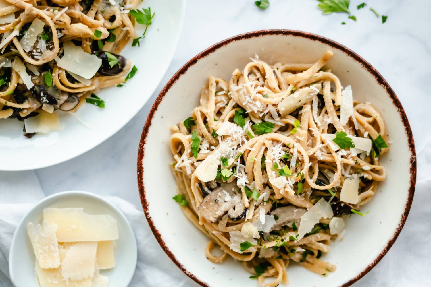 One pot creamy mushroom with Parmesan cheese and parsley.