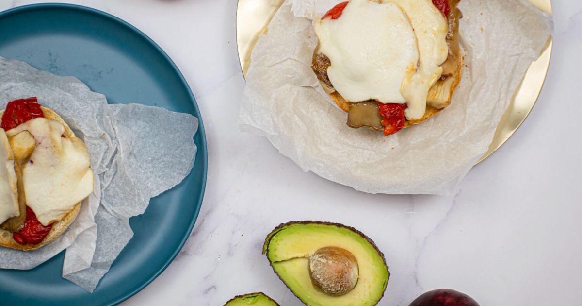 Portobello Burgers with Roasted Red Peppers, Mozzarella, and Avocado