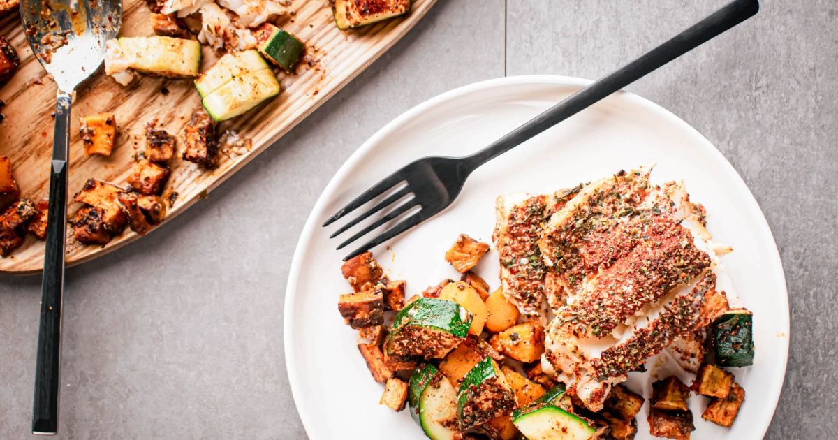 Blackened Cod with Sweet Potatoes and Zucchini - Slender Kitchen