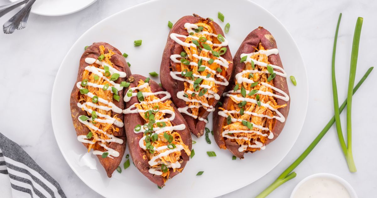 Buffalo Chicken Stuffed Sweet Potatoes - Slender Kitchen