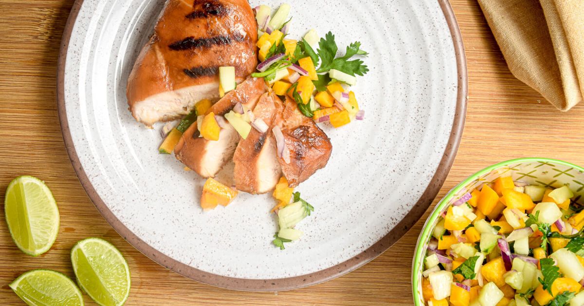 Grilled Chicken with Peach Cucumber Salsa - Slender Kitchen