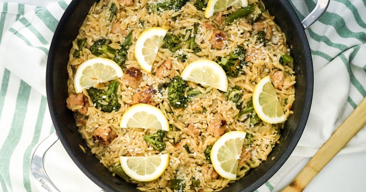 Lemon Orzo with Broccoli and Chicken Sausage - Slender Kitchen