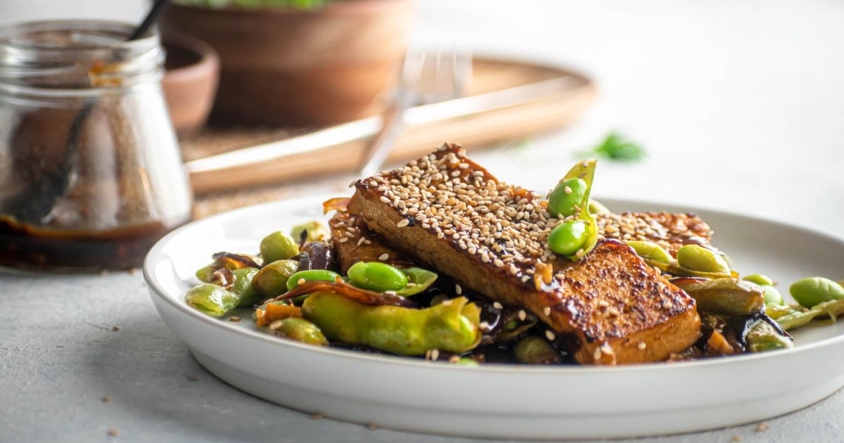 Pan Fried Sesame Tofu with Edamame - Slender Kitchen