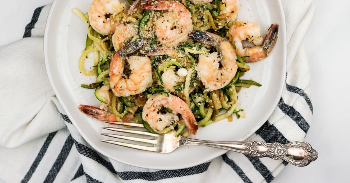 Pesto Shrimp with Zucchini Noodles - Slender Kitchen