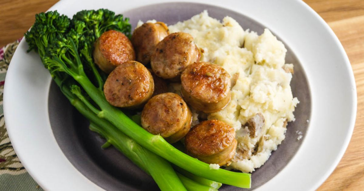 Chicken Sausage, Mashed Potatoes, and Baby Broccoli Slender Kitchen