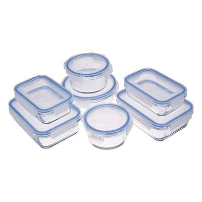  Amazon Basics Glass Locking Lids Food Storage Containers, 14-Piece Set, 7 Count of Bases and 7 Plastic Lids, Clear, Blue