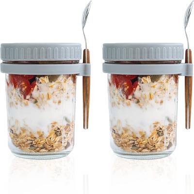 SMARCH Overnight Oats Jars with Lid and Spoon Set of 2, 16 oz Large Capacity Airtight Oatmeal Container with Measurement Marks, Mason Jars with Lid for Cereal On The Go Container (grey)